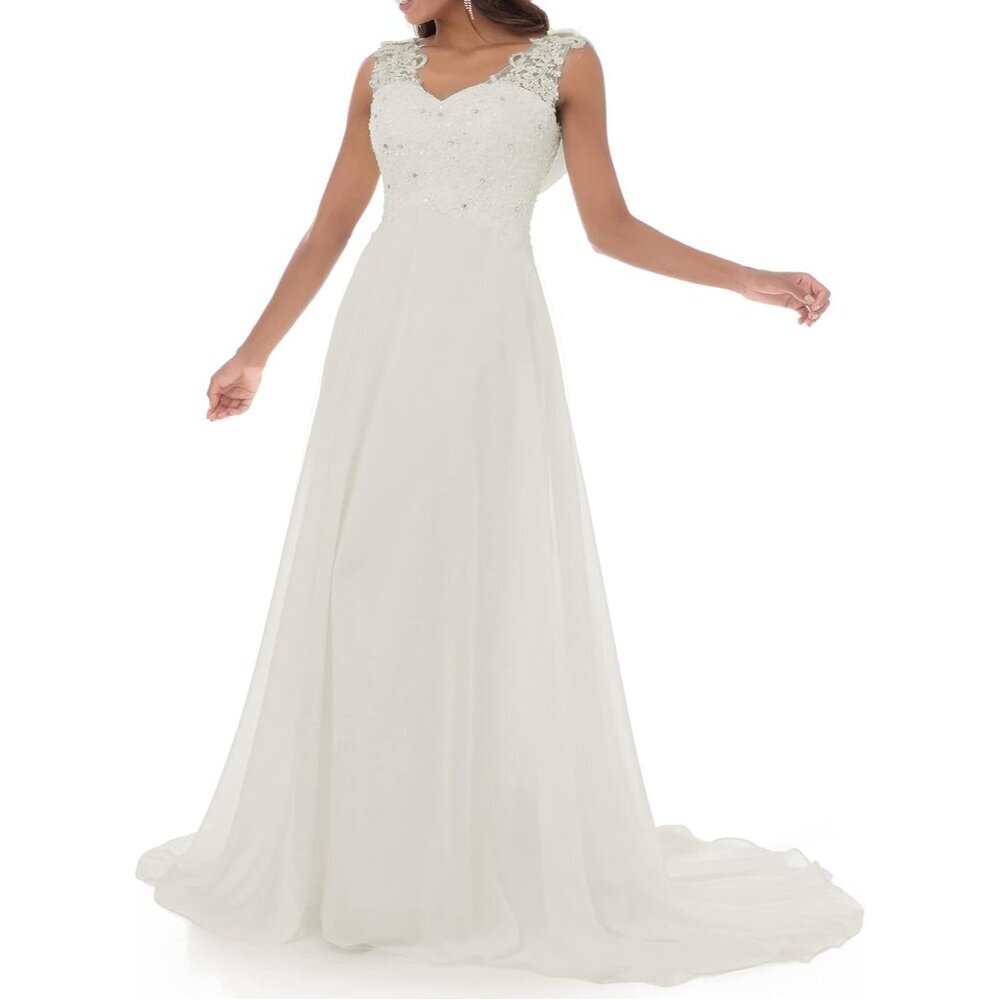 Women's Off-white Lace Double V-neck Sleeveless Imported Evening Wedding Dress - Picture 2 of 6